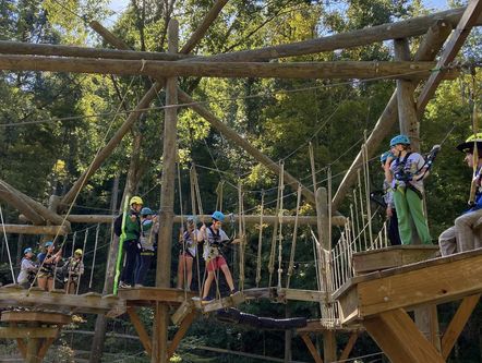 Students wearing harnesses and helmets work their way across a wooden challenge course with bridges and hanging ropes, high in the air.